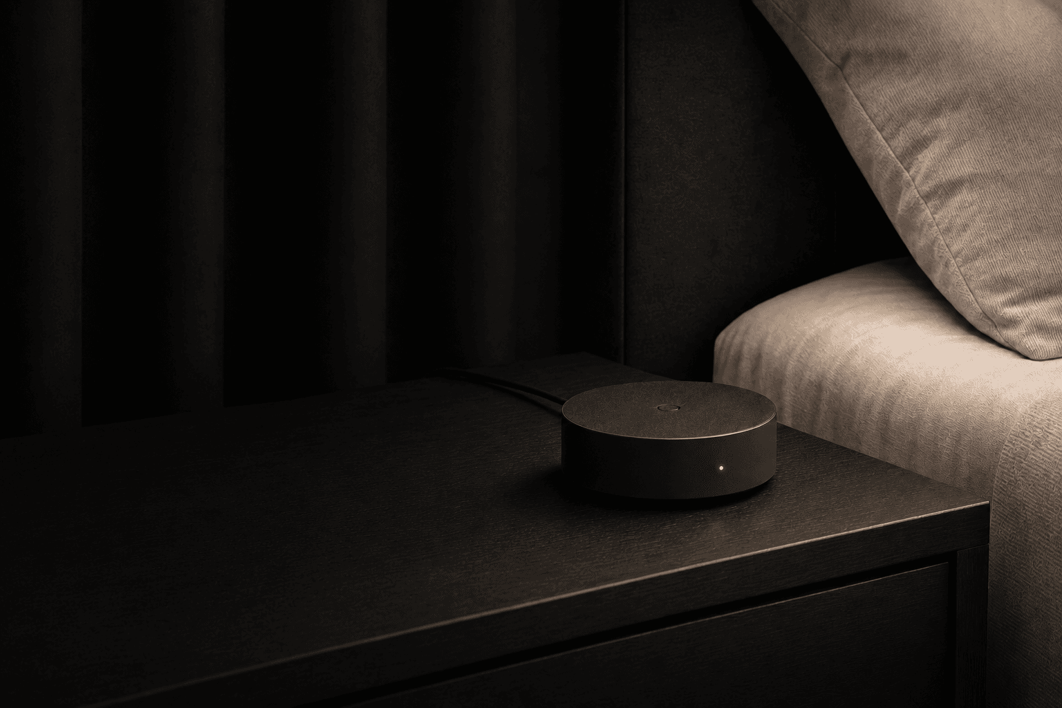 A TOP device on the nightstand of a dark hotel room